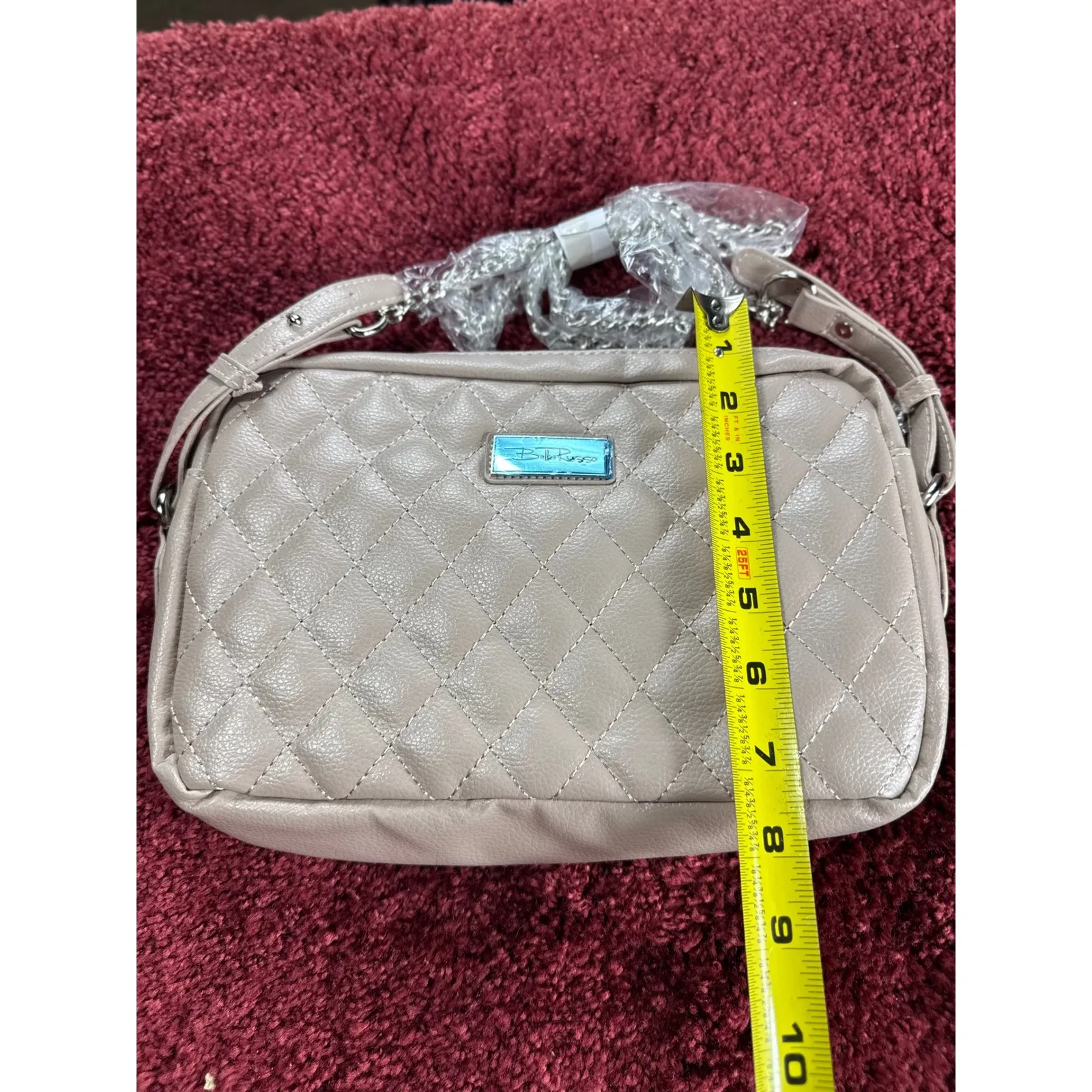 Bella Russo Quilted Crossbody Bag Chain Strap Neutral Beige Purse Tan - Image 7