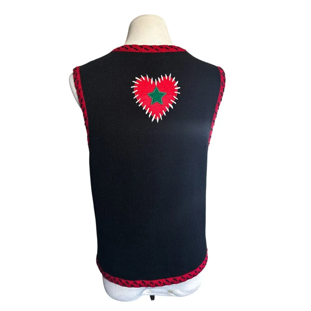 Studio Works Vintage Patchwork Stitch Christmas Holiday Vest Black Red Medium - Image 2