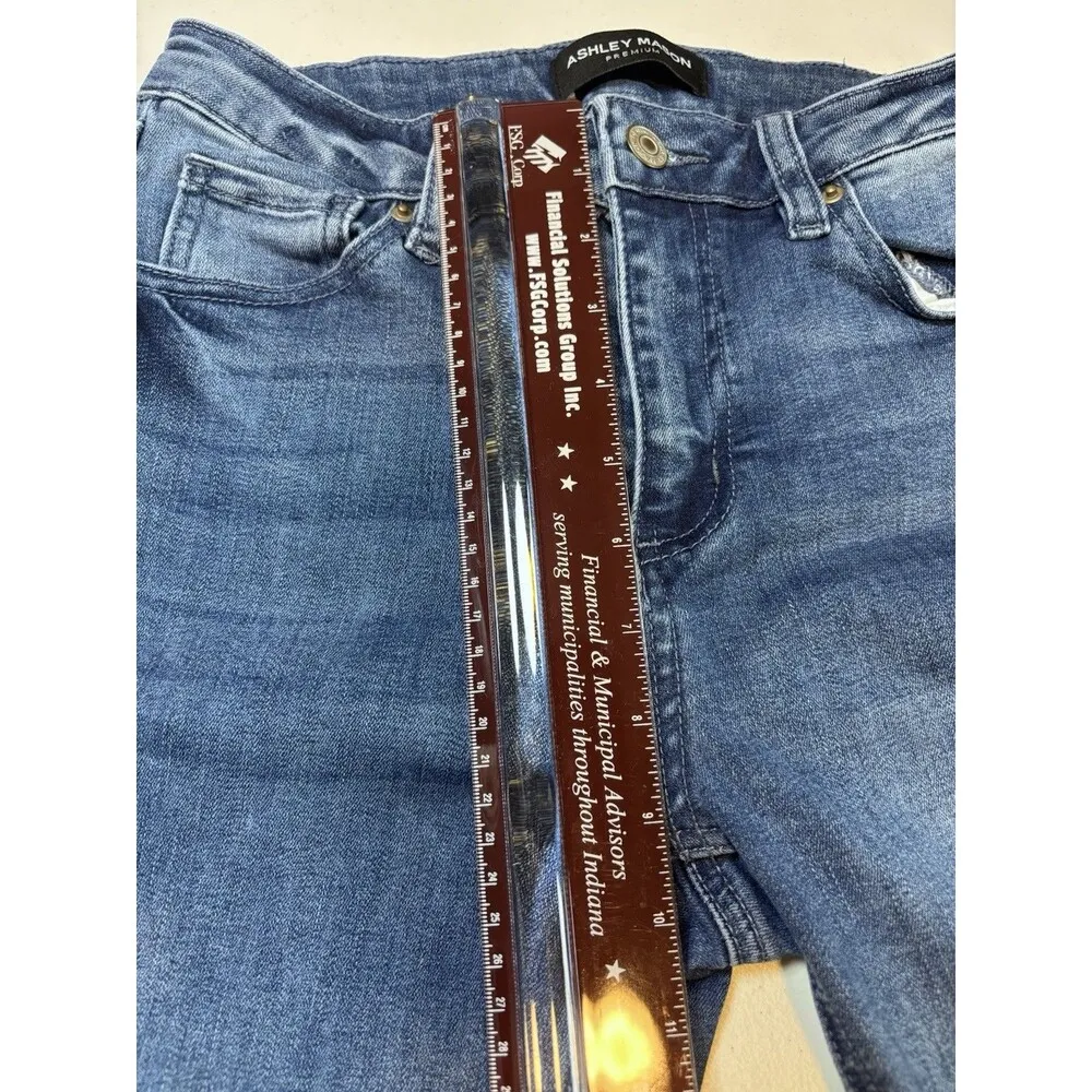 Ashley Mason Premium Embroidered Jeans 5/27 Blue Bell Bottom Flower Frayed Hem - Image 5