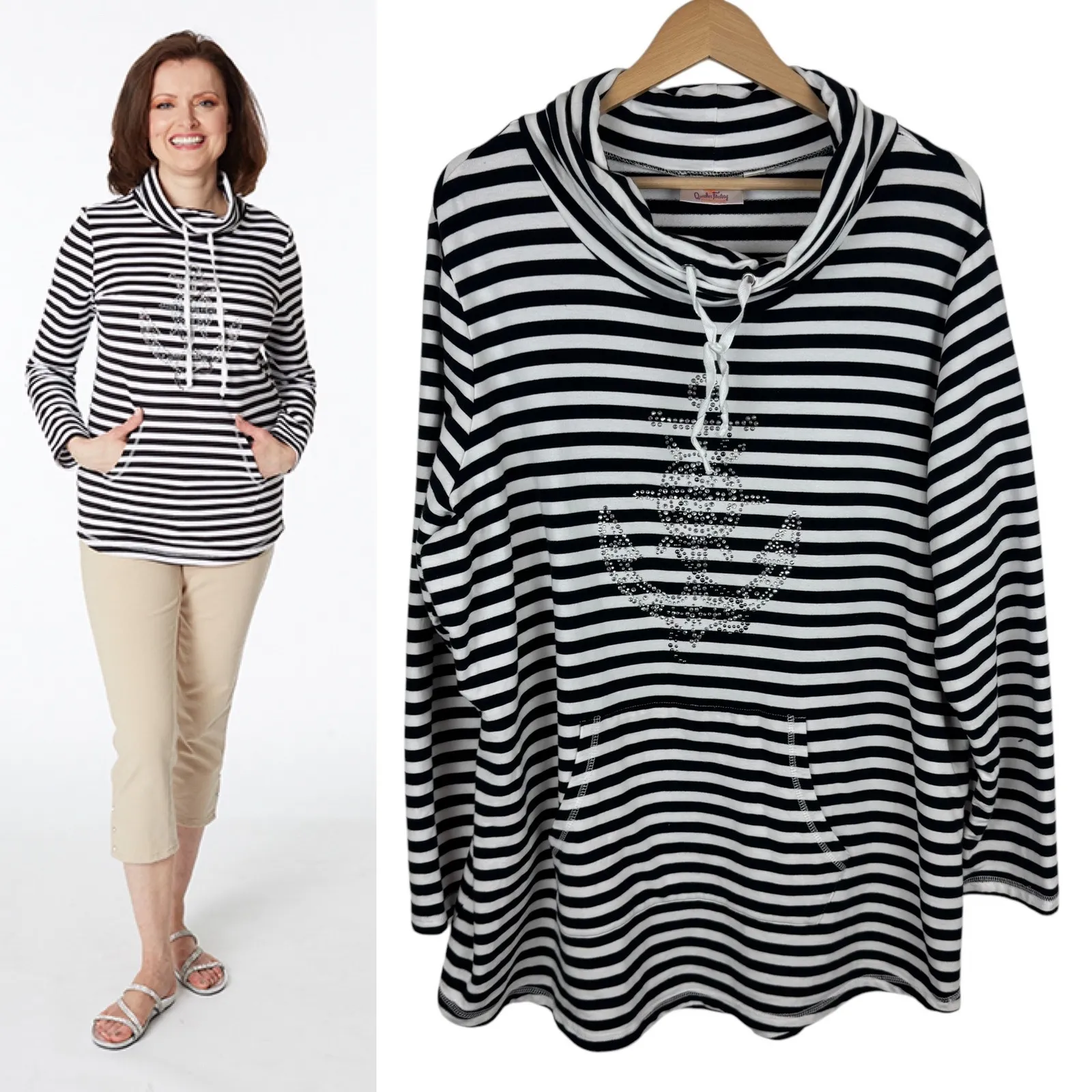 Quacker Factory Womens Rhinestone‎ Anchor Striped Knit Pullover Size 1X Nautical - Image 2