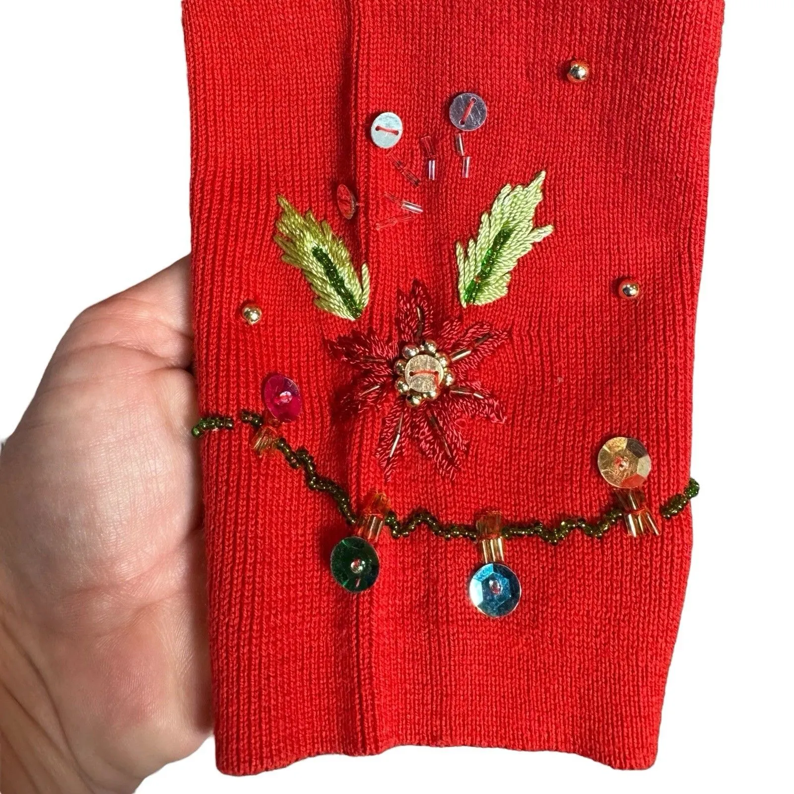 KIKIT Christmas Cardigan Size M Red Beaded Sequins Flower Martini Snowman Lights Size M - Image 8
