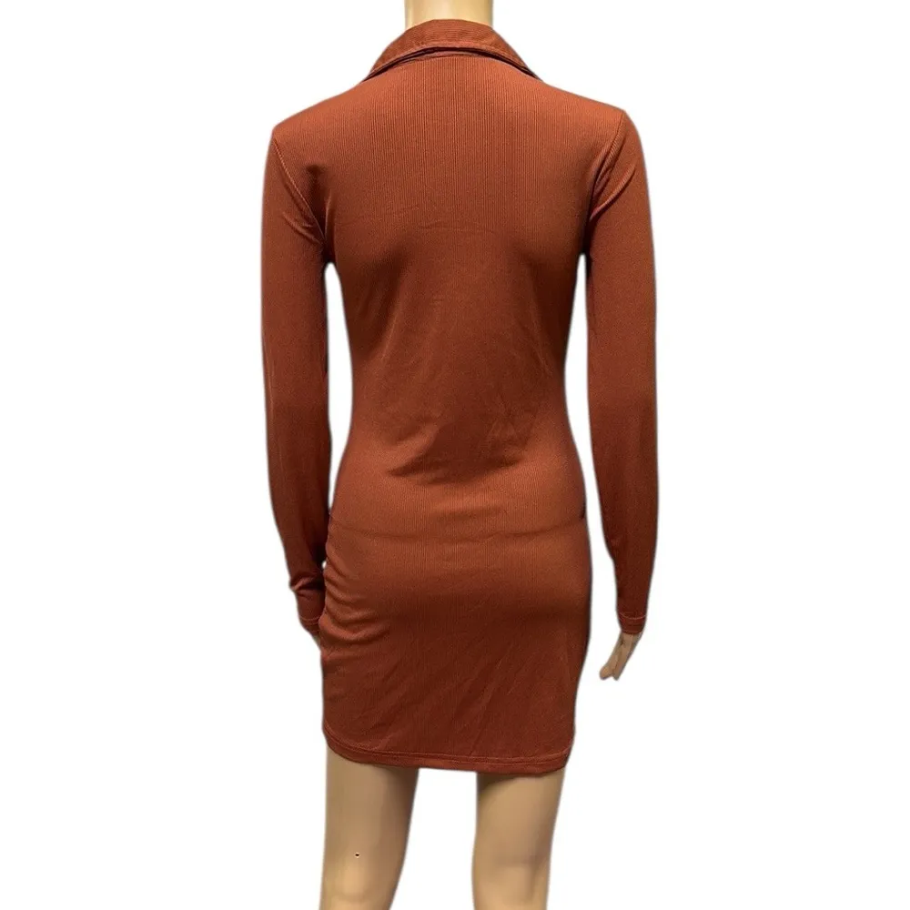 Just Quella Ribbed Long Sleeve Ruched Button Up Collared Rust Mini Dress 4 / 6 - Image 6