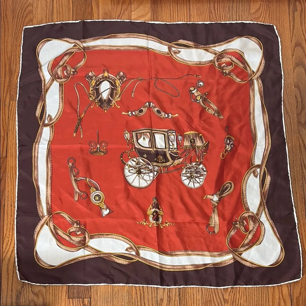 Vintage‎ 100% silk scarf carriage equestrian horse brown orange - Image 2