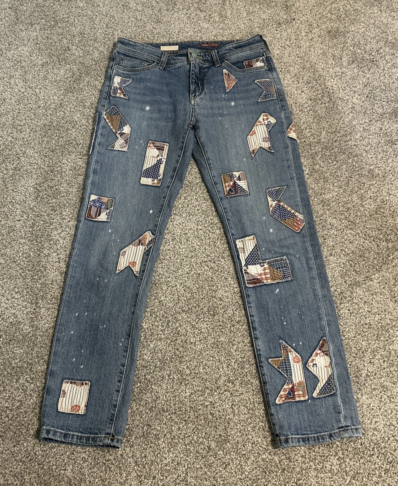 Pilcro Medium Wash Patchwork Splatter Slim Boyfriend Mid Rise Jeans 26 Blue Red - Image 1