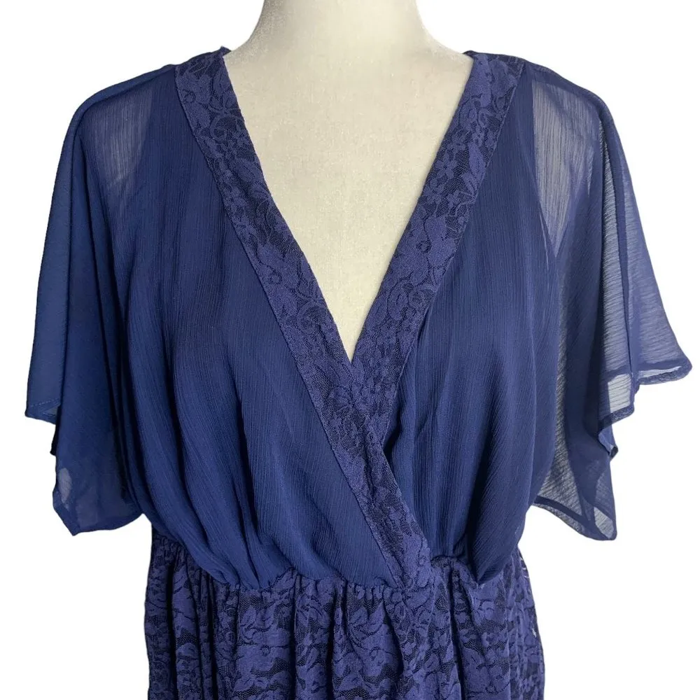 Torrid Lace Inset Chiffon Dress XL Blue Short Sleeves V Neck Elastic Waist - Image 2