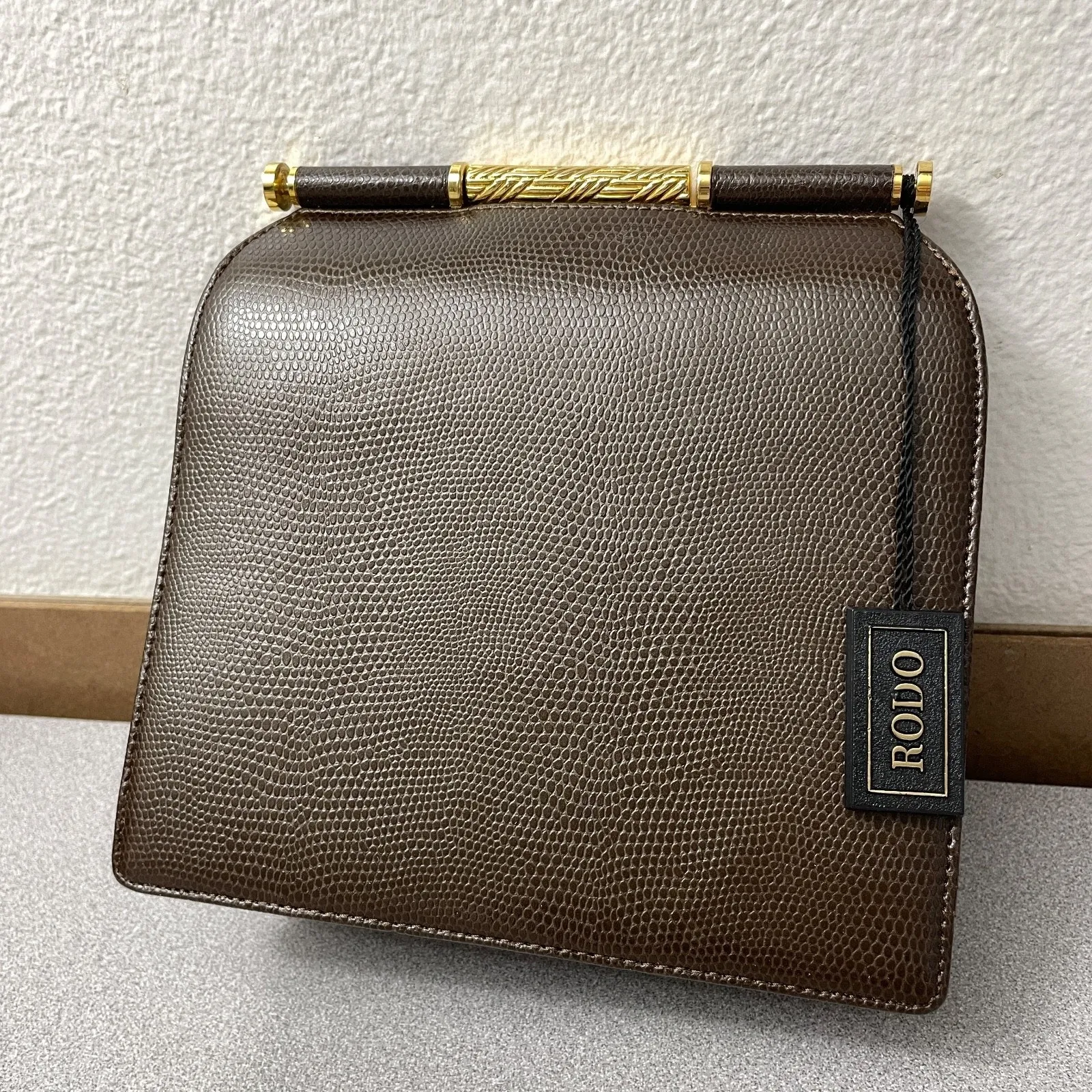 Vtg RODO Italy Leather Frame Handbag Clutch Brown Goldtone Embossed Lined - Image 3