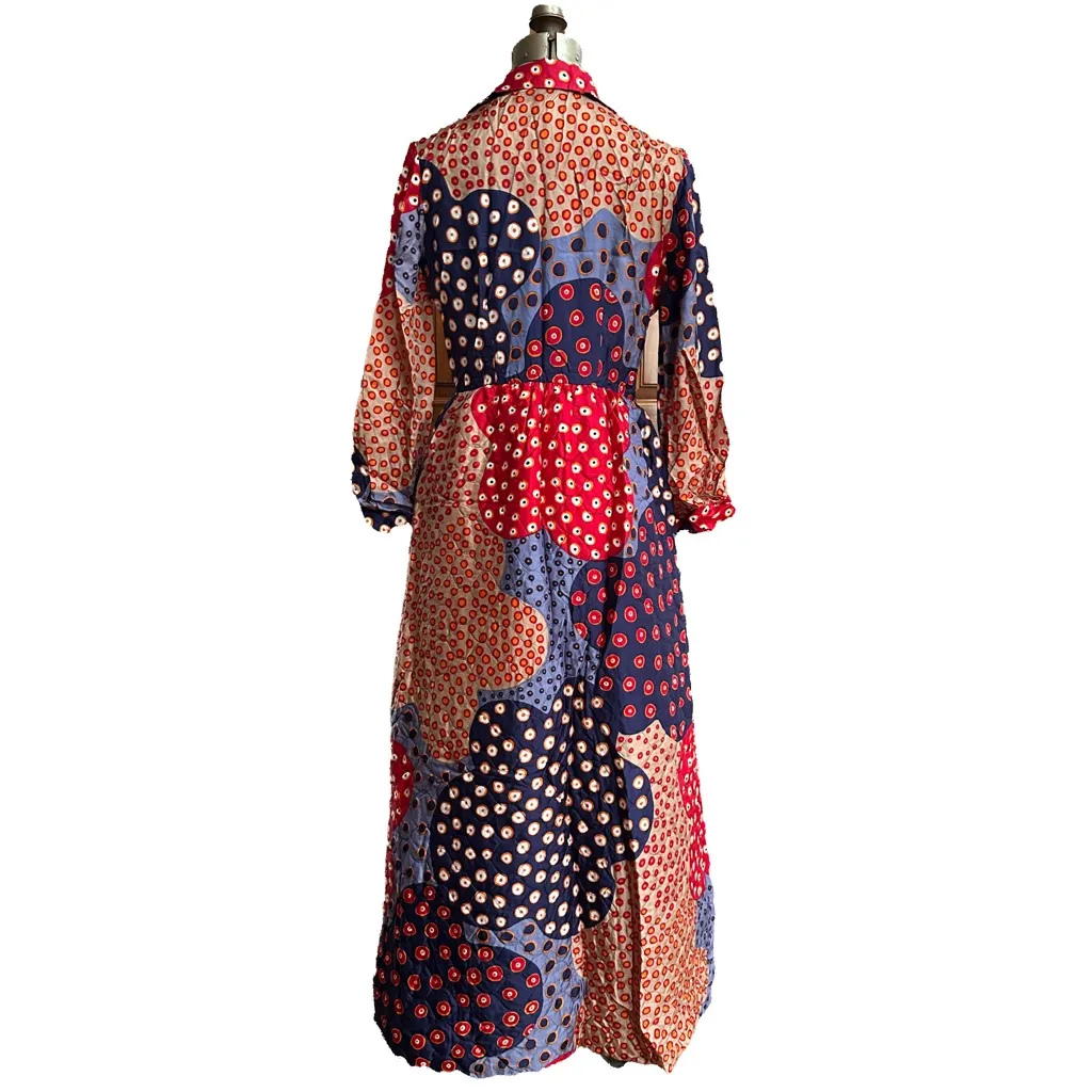 Vintage 70s Patchwork Maxidress Bold Mix of Patterns Button Front Pointed Collar Red Size 6 - Image 3