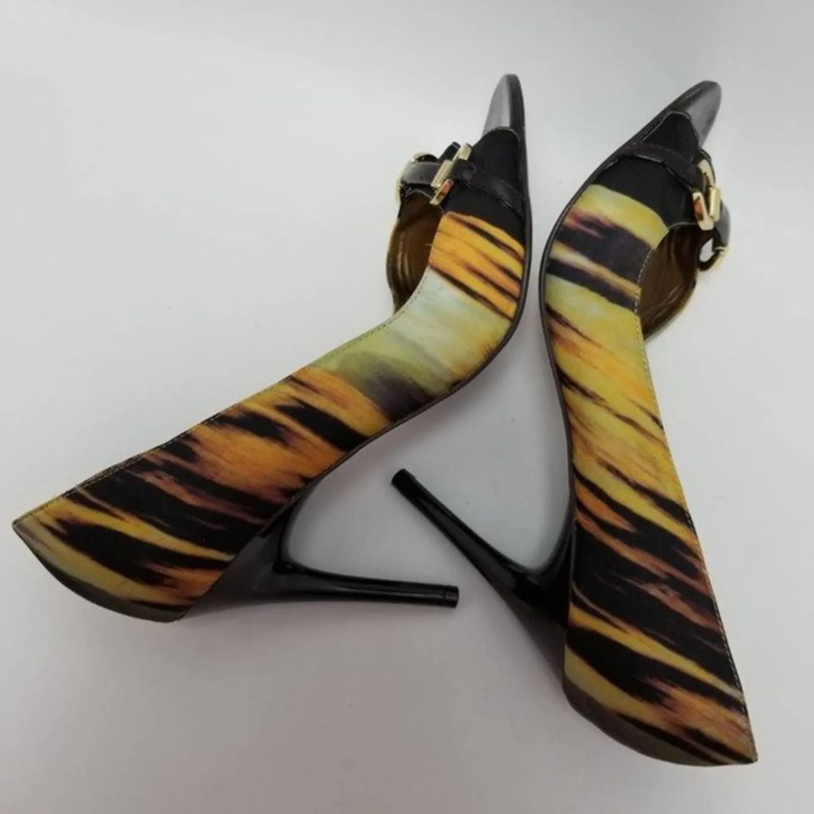 Carlos Santana Miracle Dorsay Open Toe High Heels Gold Accent Shoes Size 7.5 M Black - Image 11