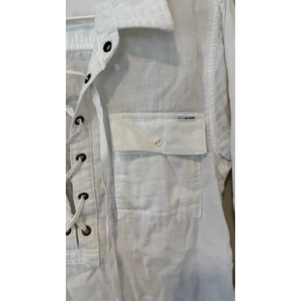 Mother White Lace Up Frenchie 100% Cotton Top Size XS 1681 - Image 4