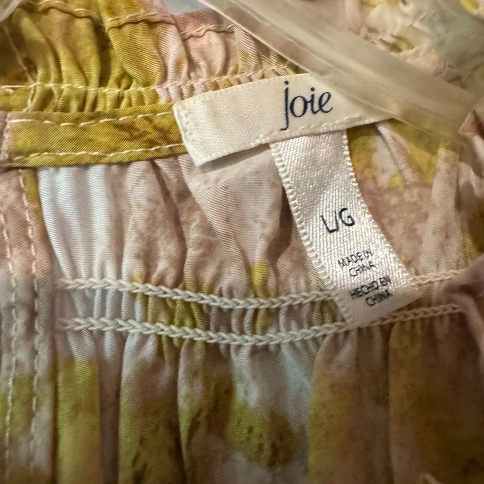 Joie Green and Yellow Smocked Sleeveless Silk Blouse with Mandarin Collar size L - Image 5