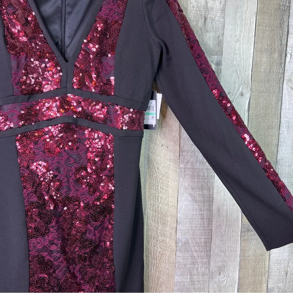 Guess Size 8 Black Mini Burgundy Body Con Sequin Cocktaill Dress Deep V-… - Image 4