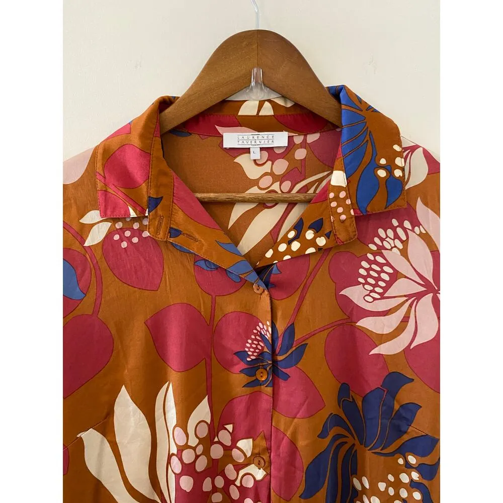 Laurence Tavernier French L Collared Sleep Shirt Dress Floral Burnt Orange EUC Size L - Image 5