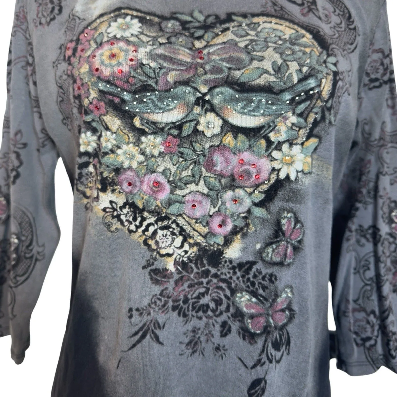 Vintage Jess And Jane Fairy Grunge Top L Rhinestone Butterfly Heart Dark Floral Black Size L - Image 3