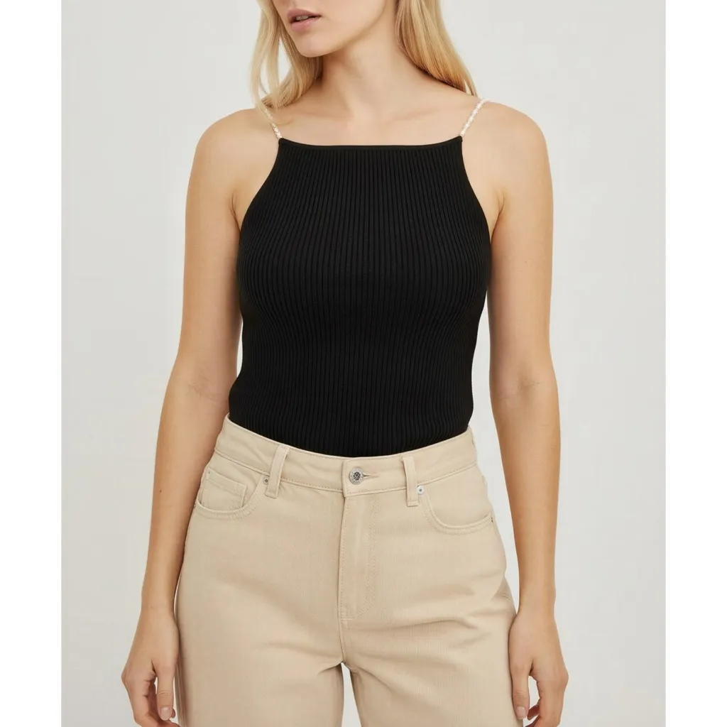 MUSIER PARIS Lena Ribbed Top W/ Pearl Straps, Black, FR40/US8 Black Size M - Image 3