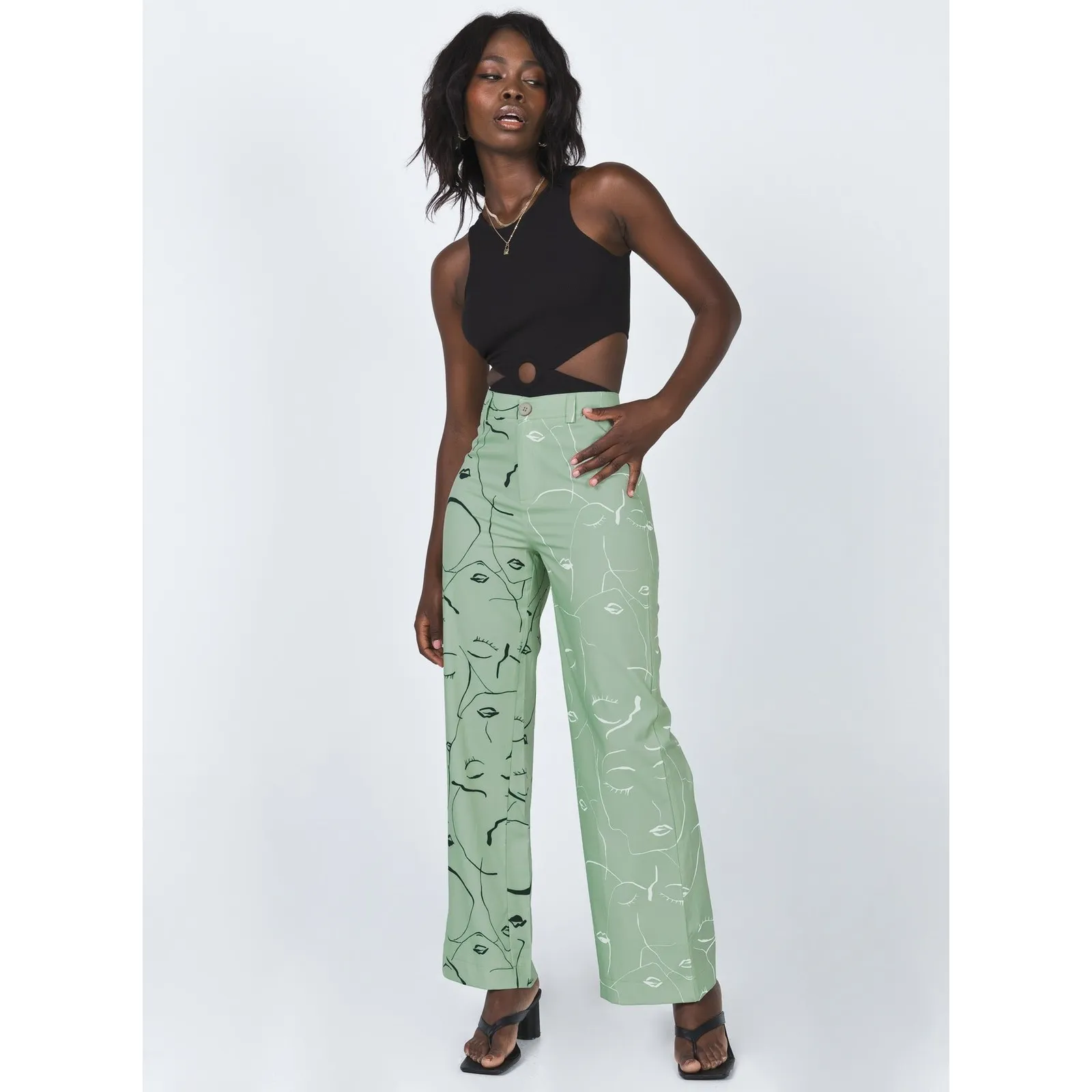 Princess Polly XX Face It Print Wide Leg Pants Sage Green Women's Size 4 - Image 16