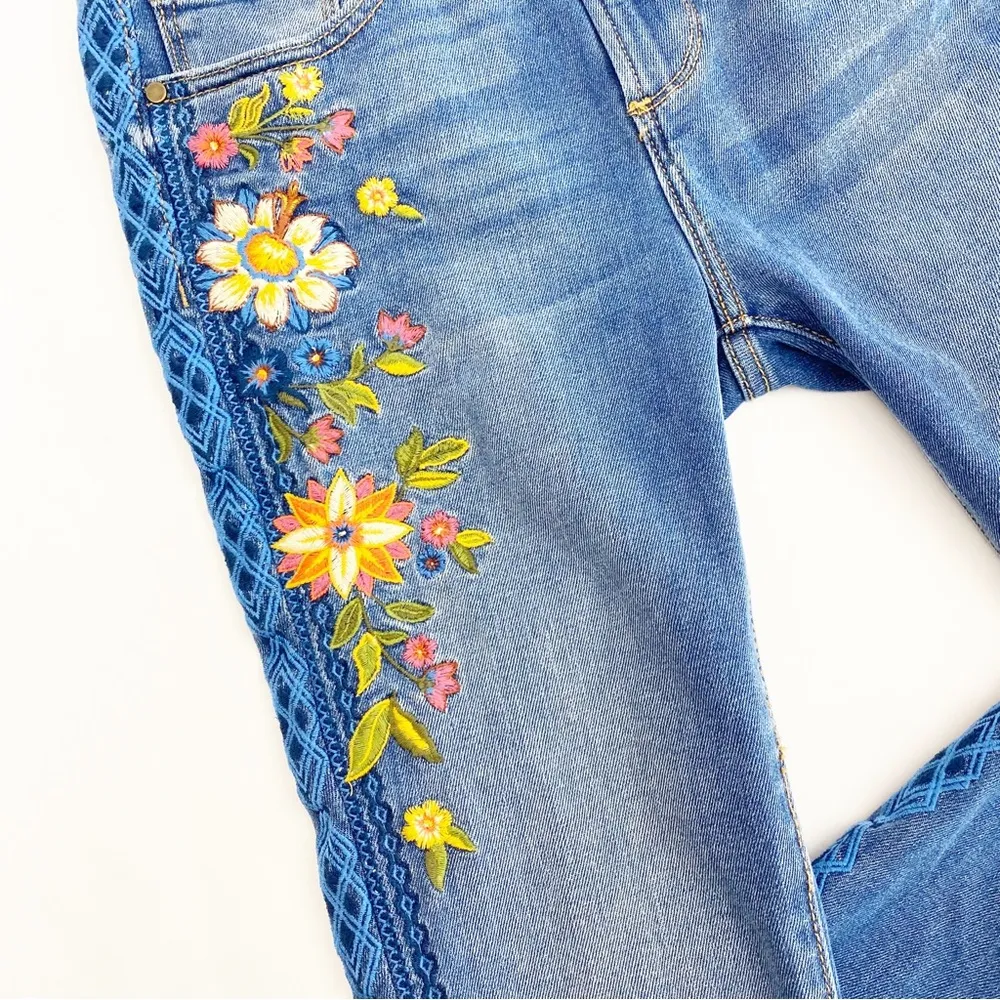 Driftwood  Jackie High Rise Floral Embroidered Distressed Skinny Tulip Hem Jeans - Image 7