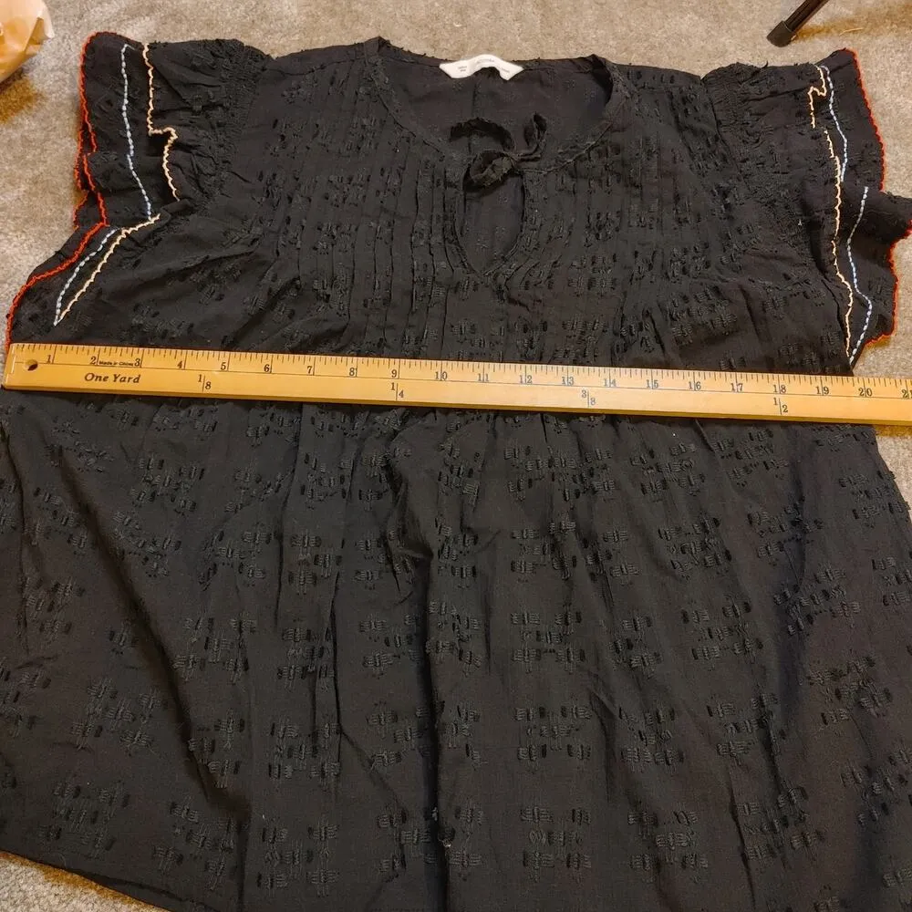 ACOS&A Size Medium M Cotton Black Blouse Flutter Sleeve Textured Boho Career - Image 3