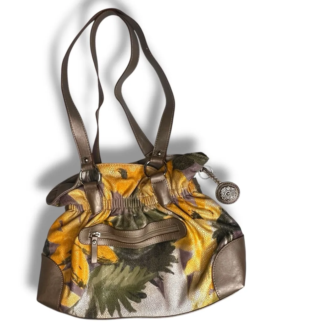 Vintage Floral Shoulder Tote Bag Purse Gray & Gold Extra Large Y2K Yellow - Image 5