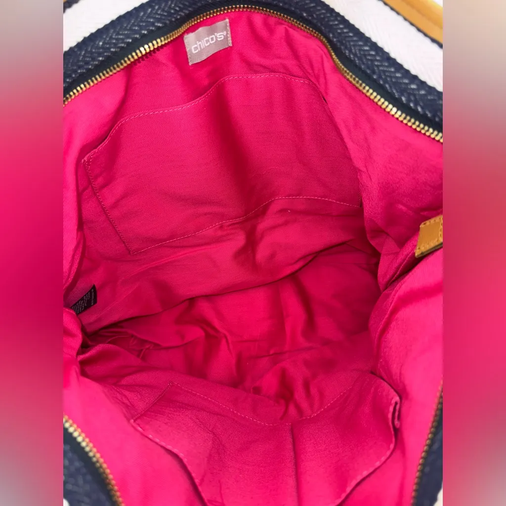 Chico's Striped Vibrant Floral Embroidered Cotton Leather Tote Shoulder Purse - Image 13