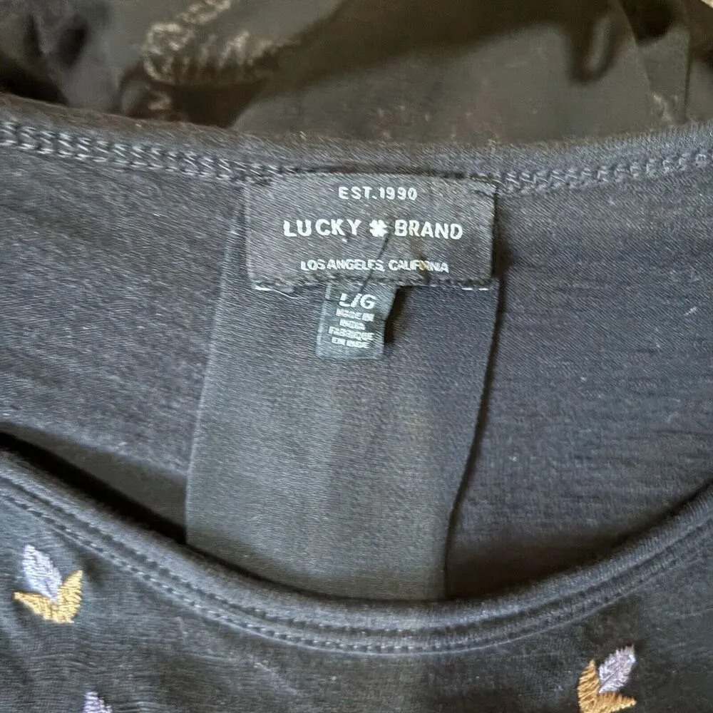 Lucky Brand Top Women Large Black Boho Embroidered Long Sleeve Pleat Back Blouse - Image 7