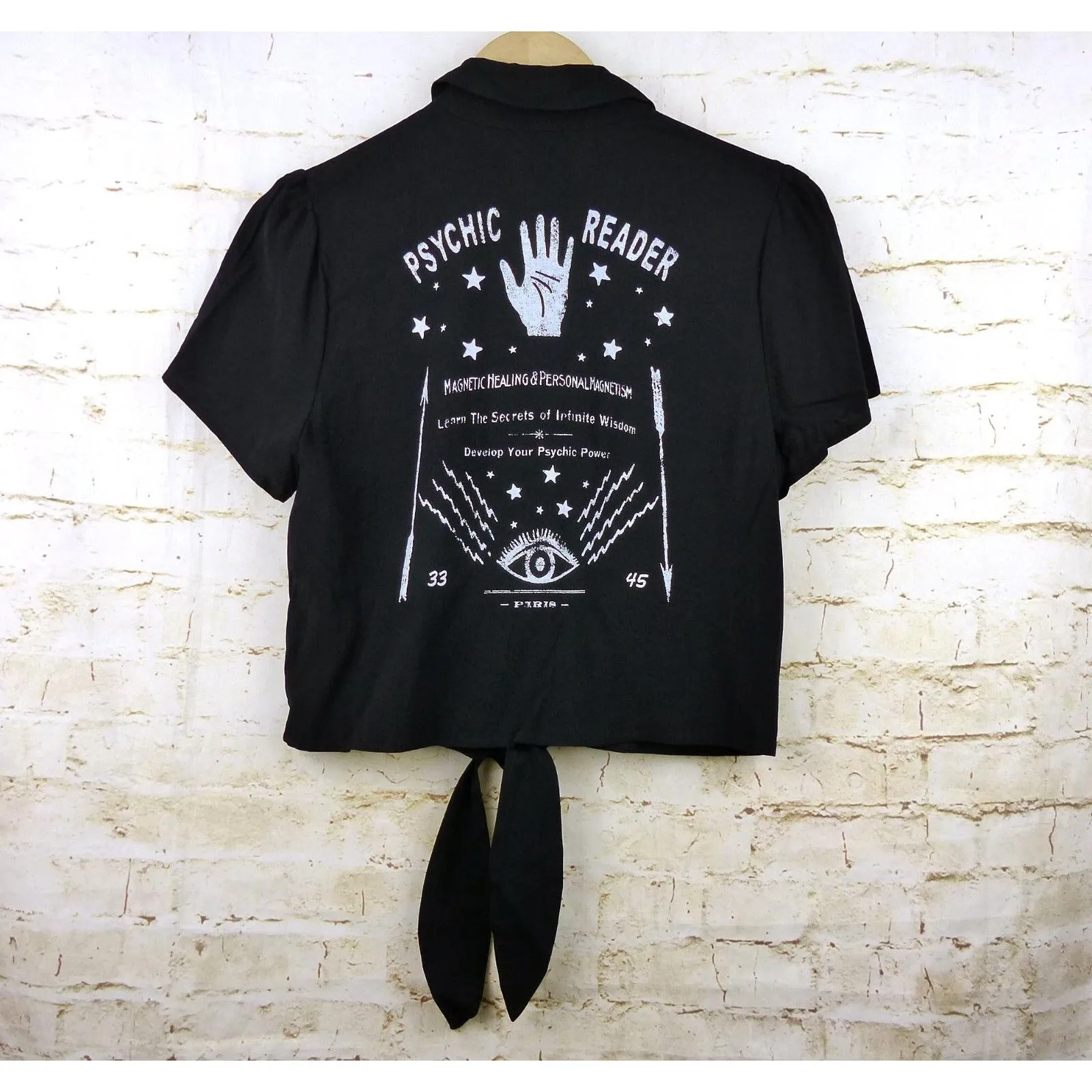 Hot Topic Shirt Women M Black Psychic Reader Tie Front Button Goth Witch Moon - Image 8