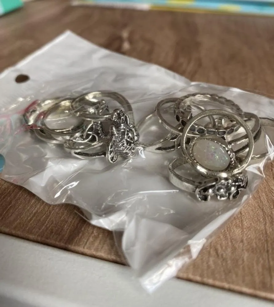 Boutique 13 Piece Silver Boho Opal Crystal Ring Set - Image 5