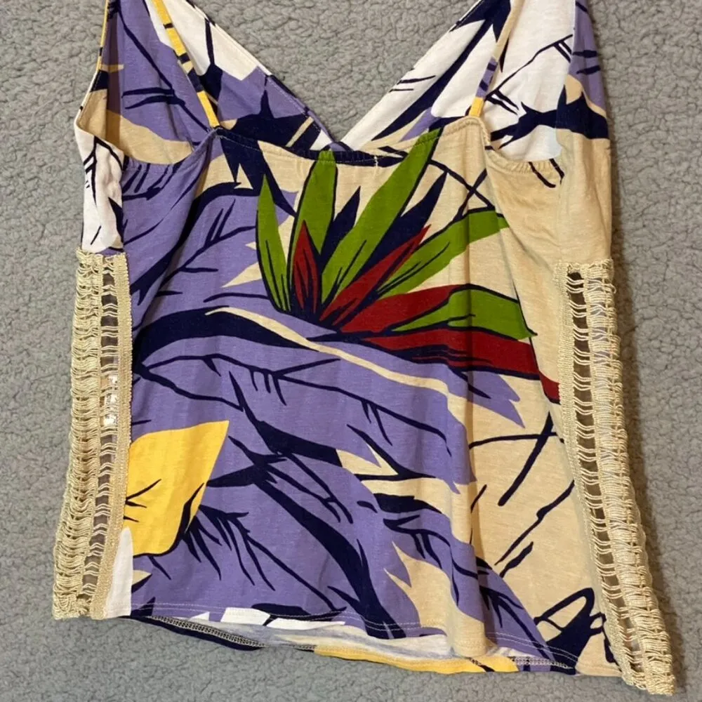 Vintage IODICE Tropical Summer Tank Top Crochet Sides Medium - Image 4