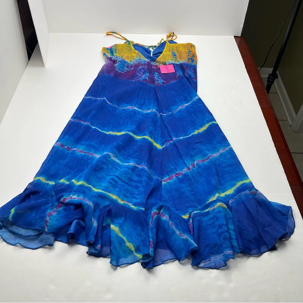 Betsey Johnson Womens Size 12 Rainbow Water‎ Spaghetti Strap Midi Dress Blue NEW - Image 9