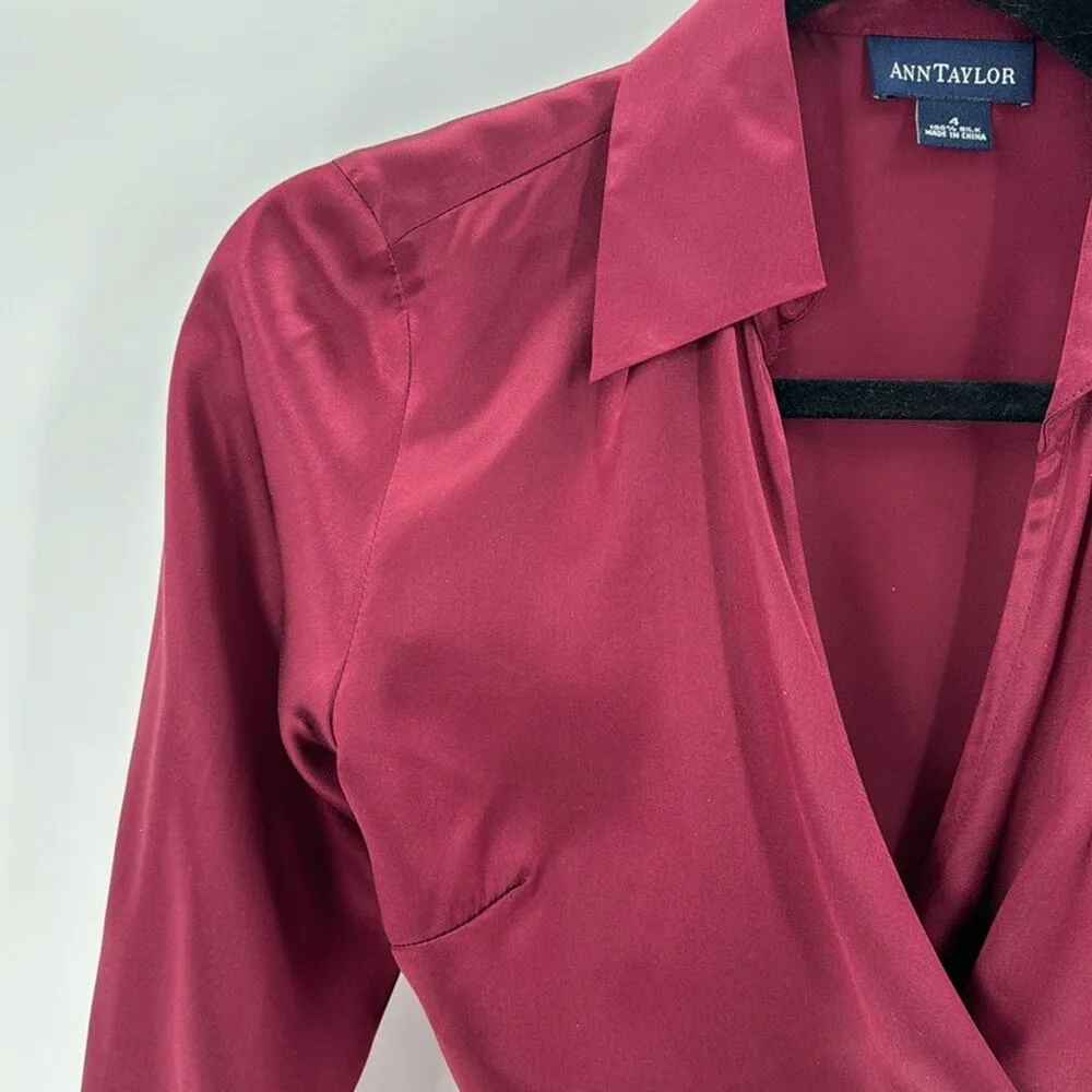 Ann Taylor silk wrap top classic chic formal office attire  maroon size 4 - Image 4