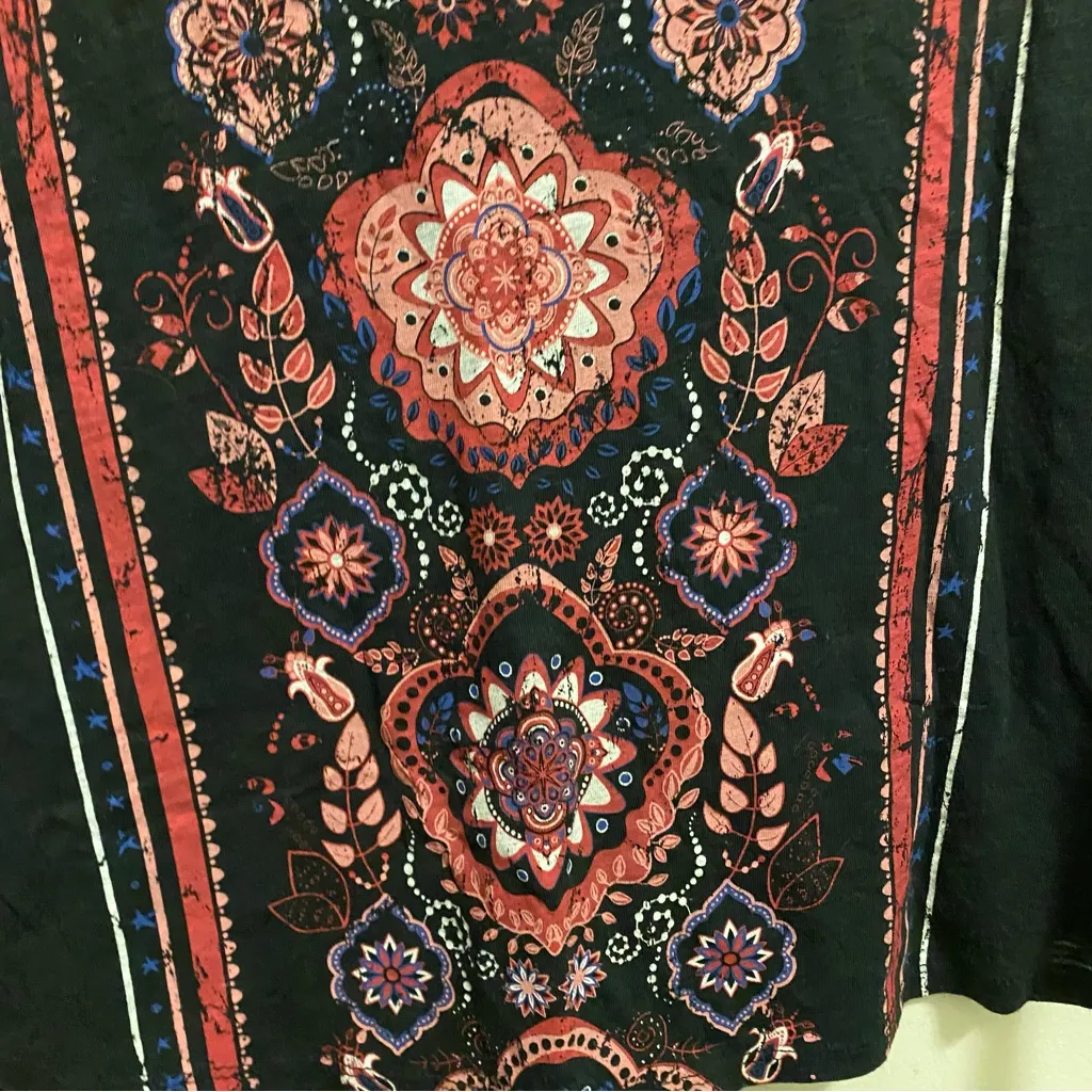 Style & Co Womens Top T Shirt S 40”  Boho Print V Neck Black Brown Blue Bohemian - Image 5