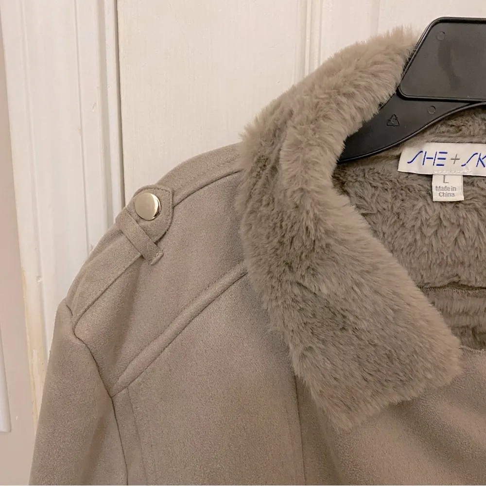 She + Sky Faux Suede and Faux Fur Moto Jacket in Tan - Image 6