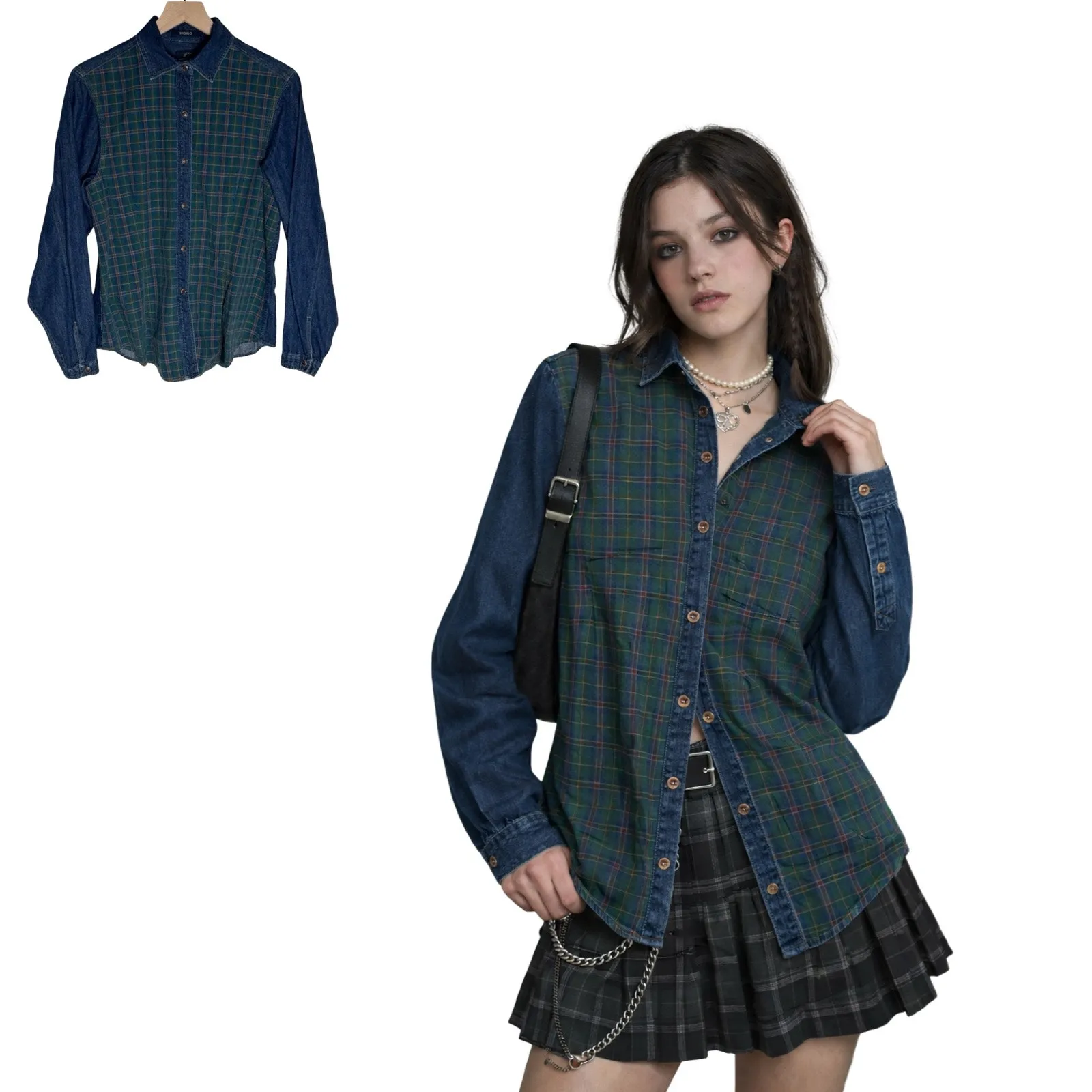 Dockers Vintage Tartan Plaid Button Up Shirt Denim Trim Womens Small - Image 2