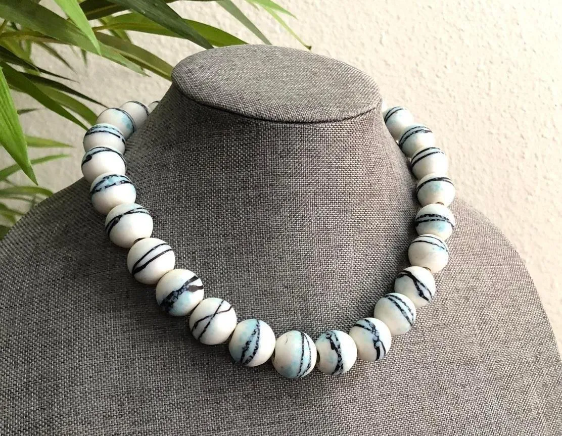 Unique White blue beaded necklace large marble oceanic surfer boho unisex custom made - Image 3