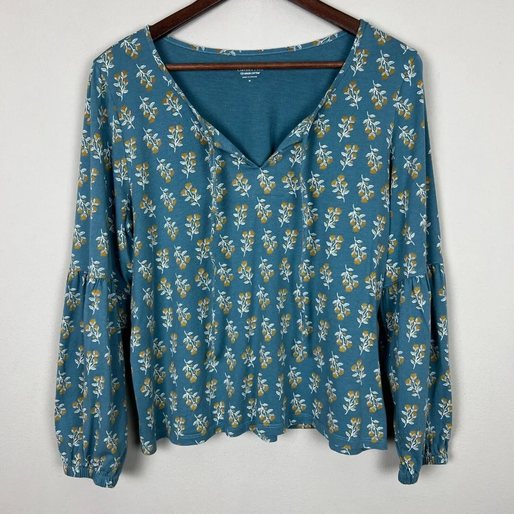 Garnet Hill Pajama Top Womens Medium Blue Long Sleeve Sundown Knit Tie Neck M - Image 3