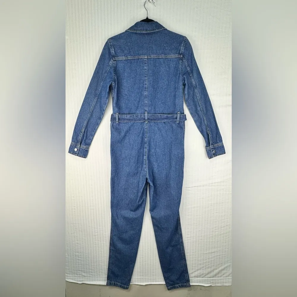 Topshop Blue Denim Utility Boiler Suit Zip-Up Belted Jumpsuit Women's Size 2 - Image 3