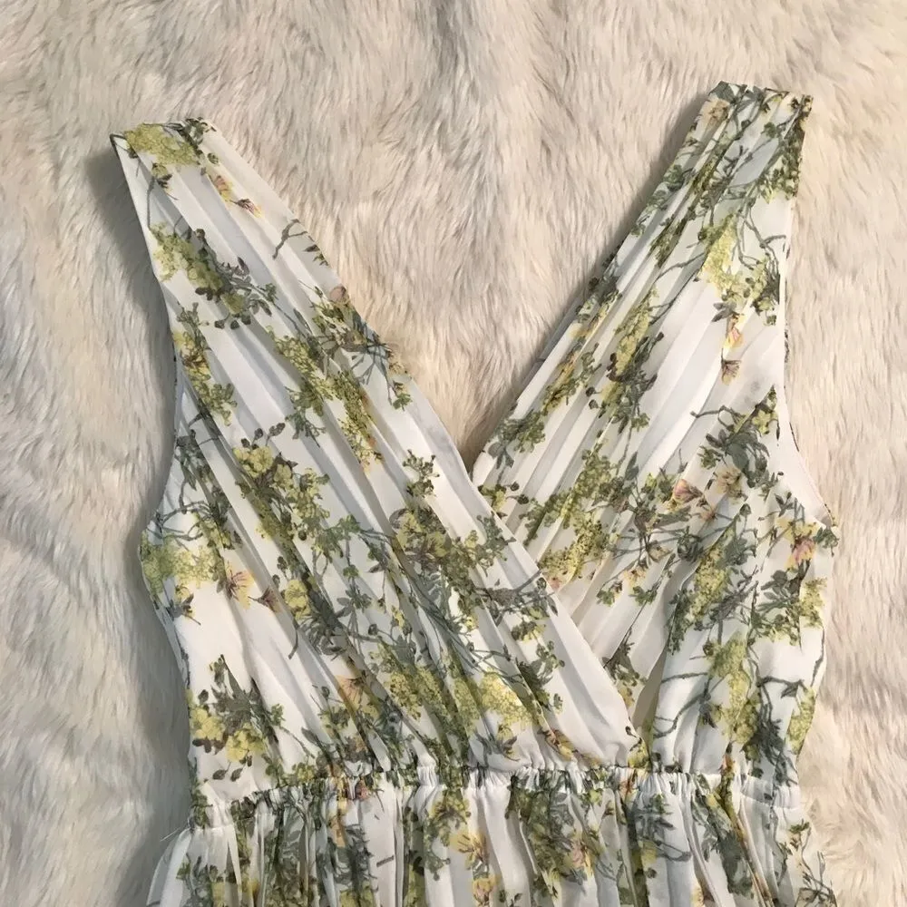 ALEX MARIE Pleated‎ Chiffon Midi Dress Sleeveless V-Neck Green Floral Size 4 - Image 8