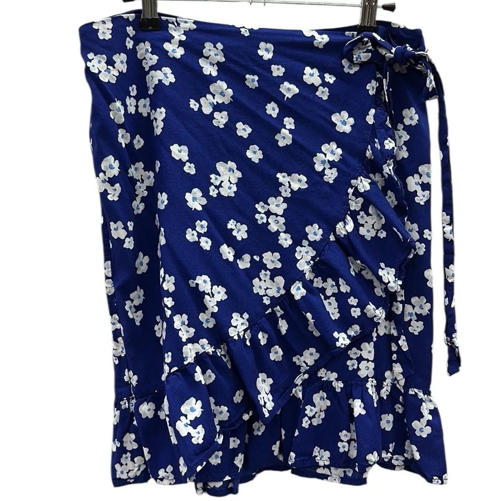 Mixit Rayon Wrap Zip and Tie Side Ruffled Hem Blue Floral Skirt Womens 4 - Image 9
