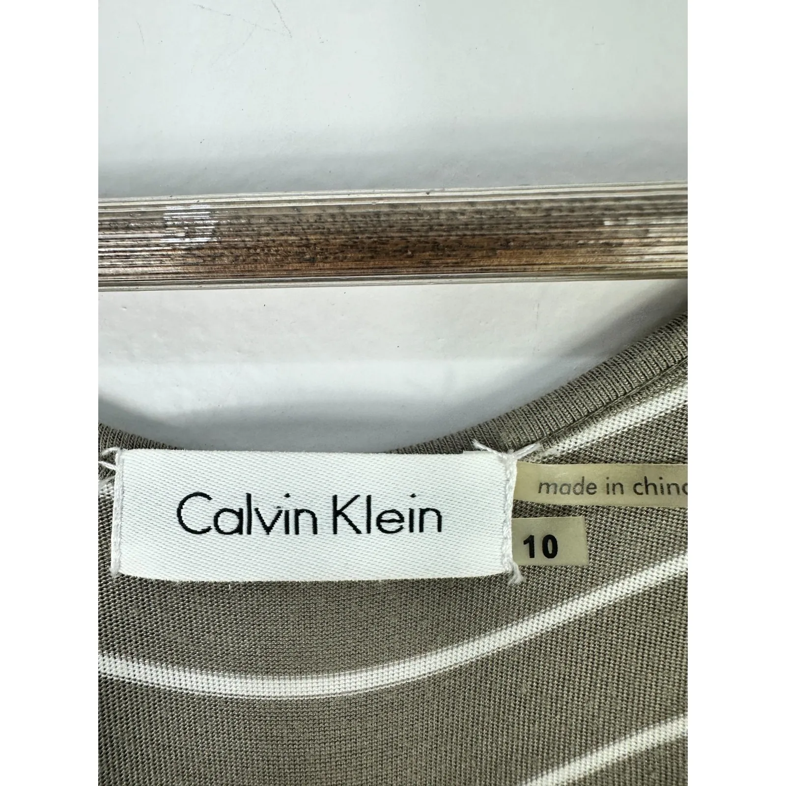 Calvin Klein Dress 10 Olive Green Striped Stretch Midi‎ Minimalist Career Preppy - Image 2