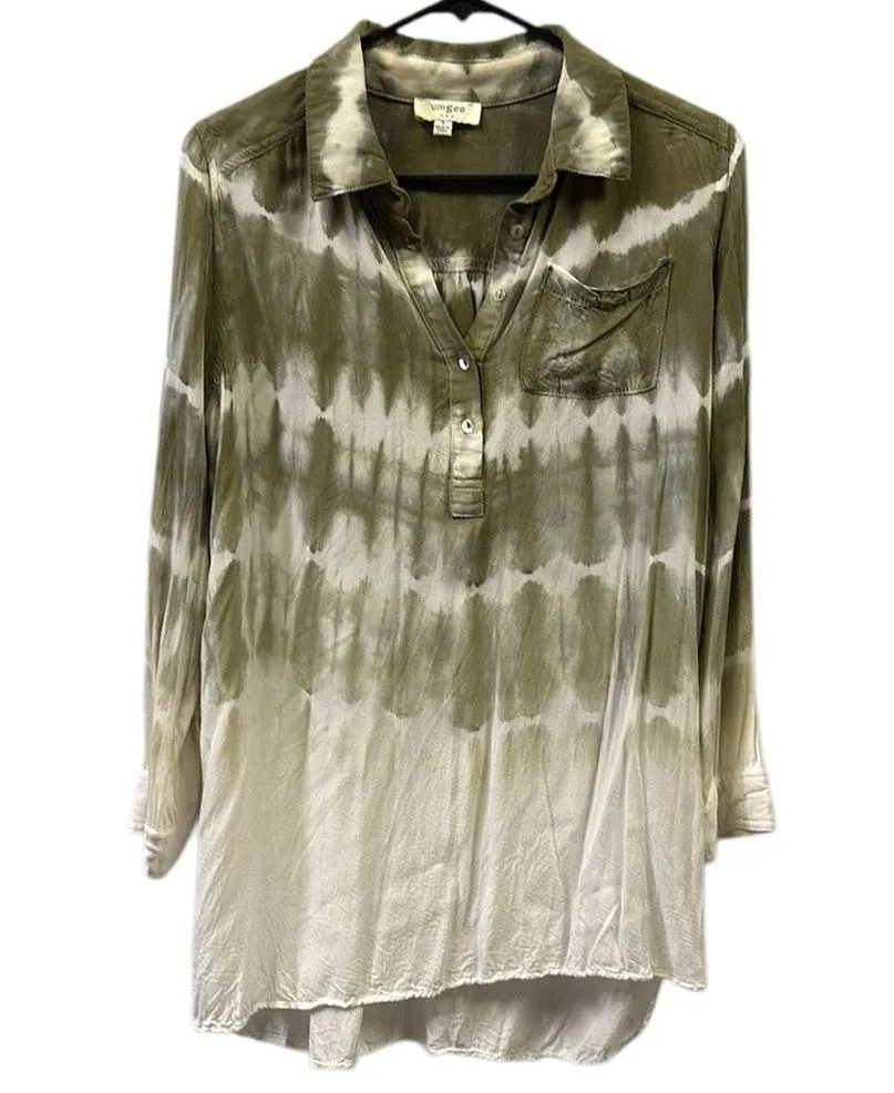 Umgee Ombre Tie Dye Popover Long Sleeve Collared Pocket Tunic Blouse Womens S - Image 6