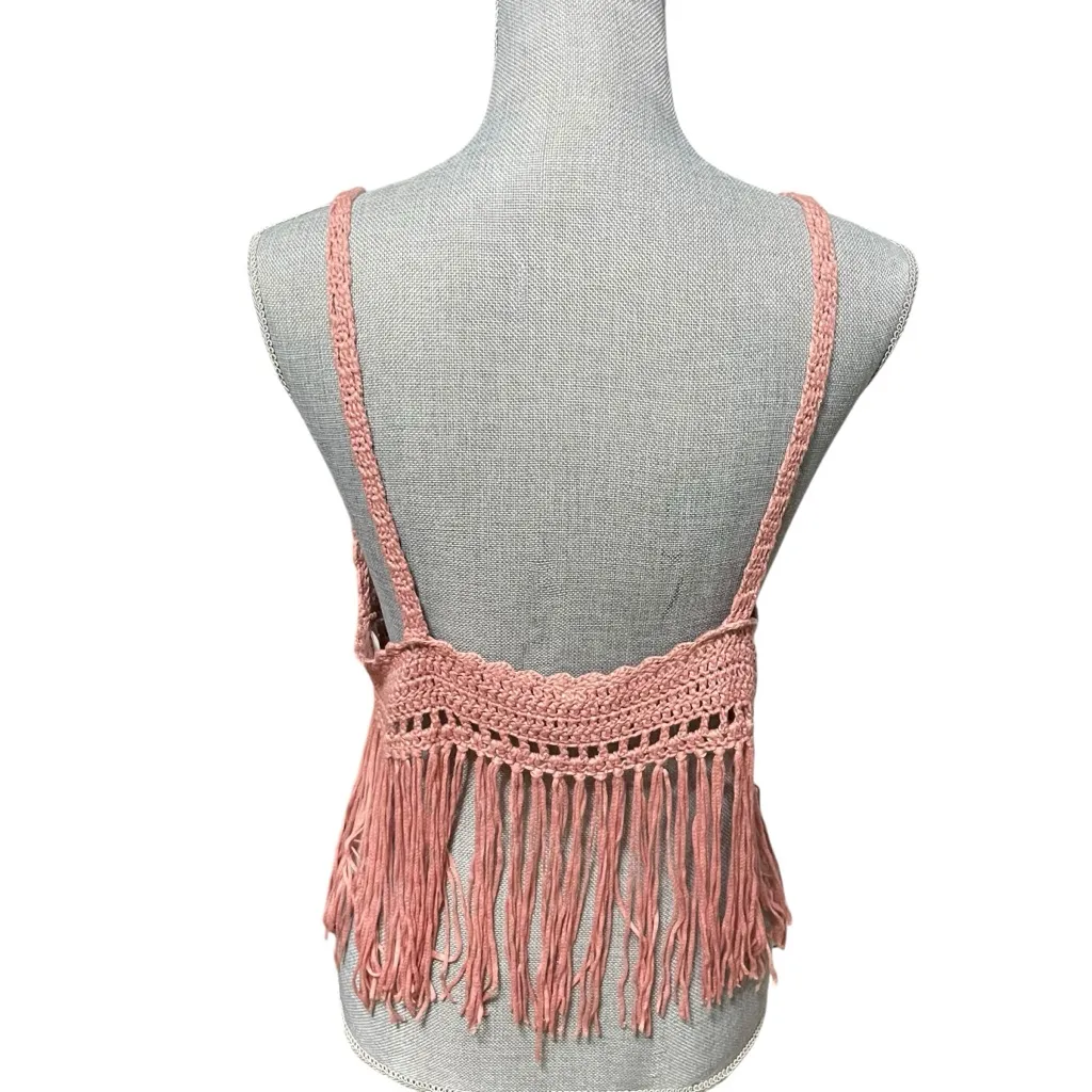 POL Crochet Fringe Crop Top Bralette – Boho Festival Tank, Dusty Rose Pink, Sz L - Image 4