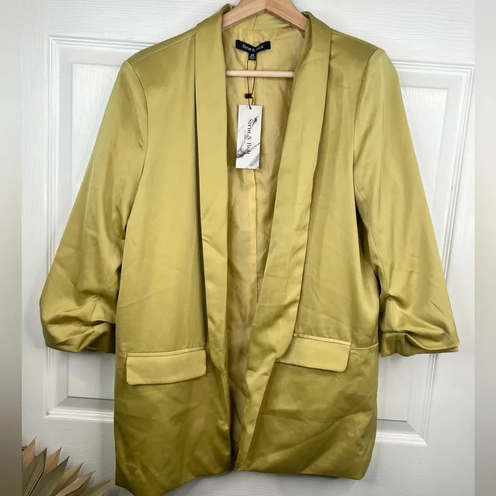 Strut & Bolt Green Boyfriend Blazer Satin Jacket Size M Lightweight Open Front - Image 2