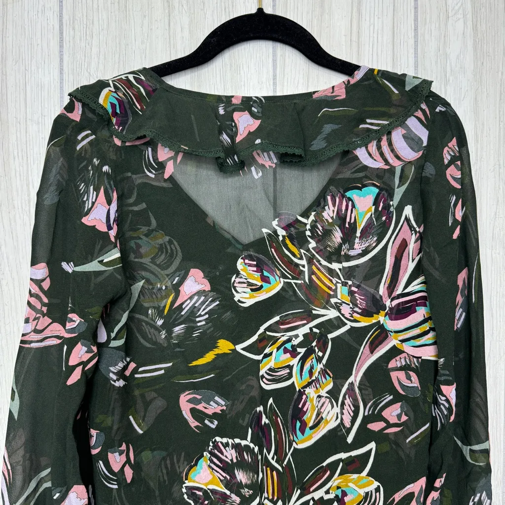 Anthropologie Tryb 100% Silk Floral Sheer Peasant Top Blouse size XS Extra Small - Image 5