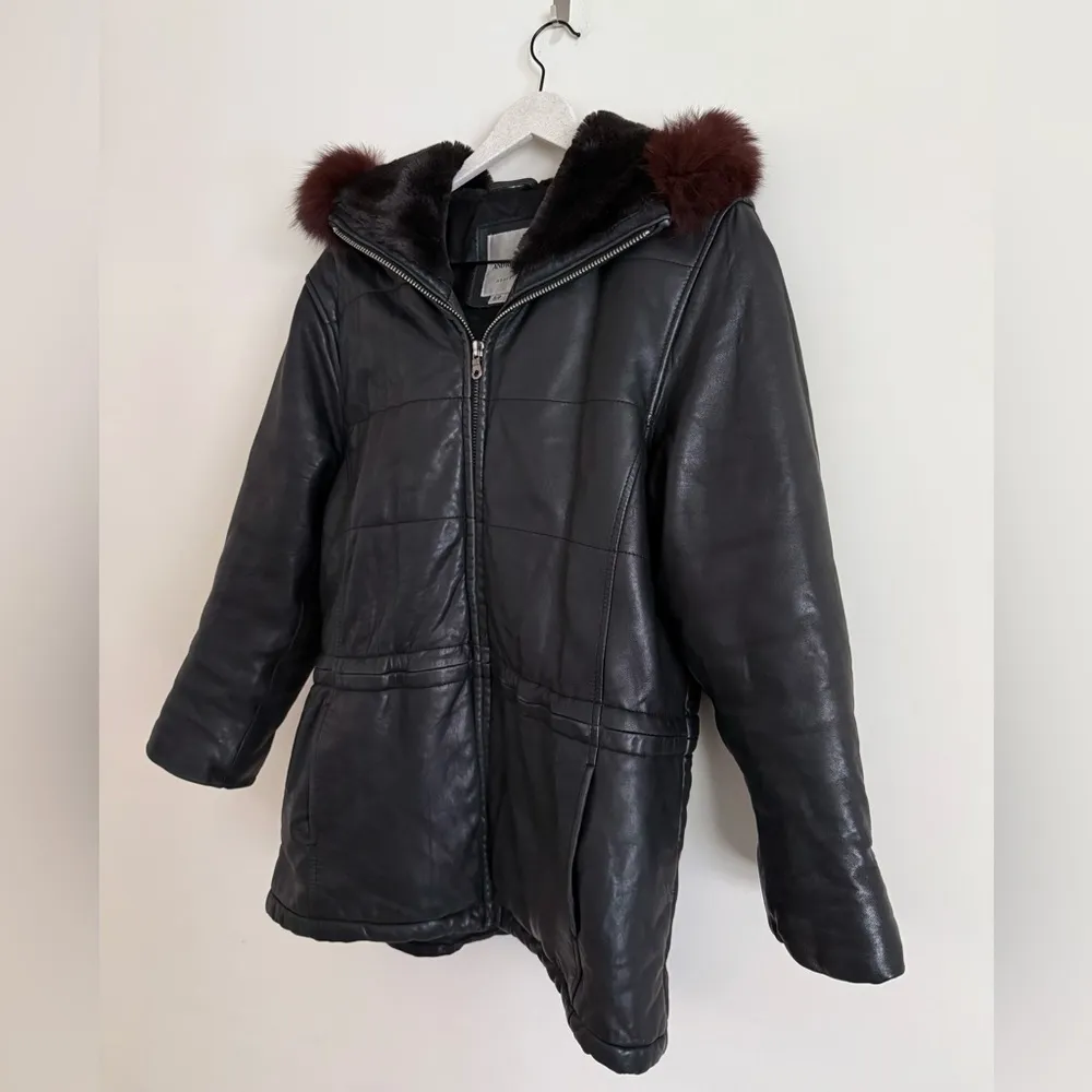 Leather Coat by Andrew Marc Fox and Faux Fur Trim Womens Size S Jacket with Hood - Image 2