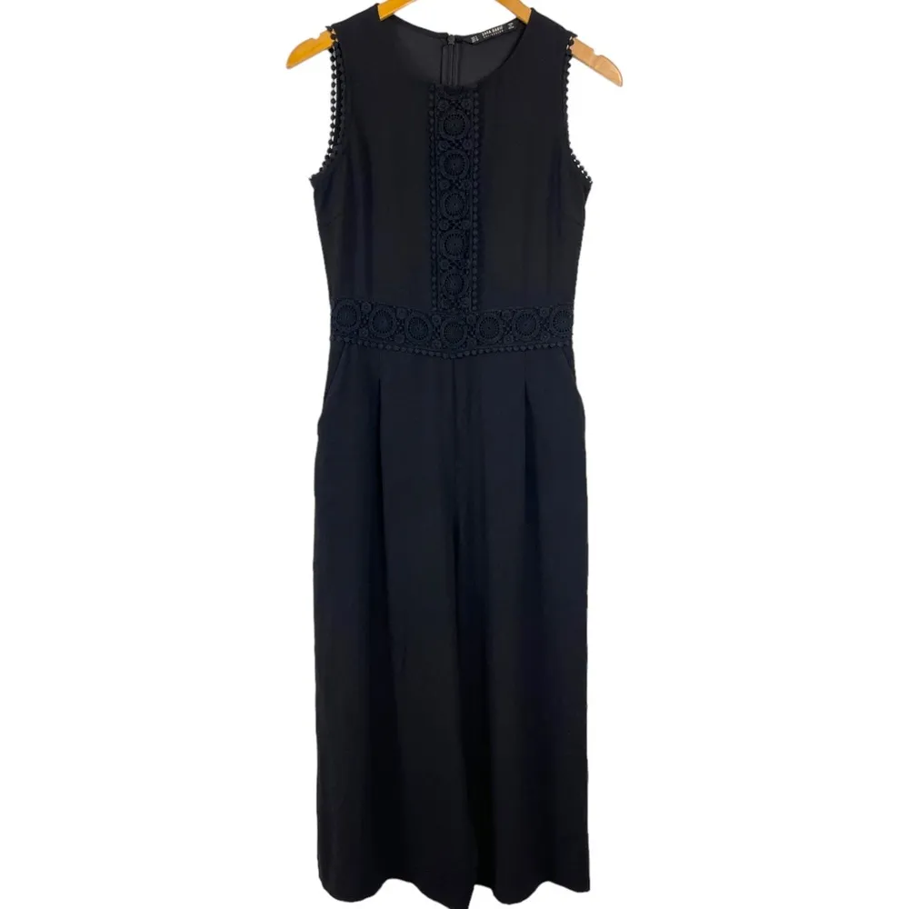 Zara Eyelet Lace Sleeveless Wide Leg Black Jumpsuit Size Small Pockets Office - Image 15