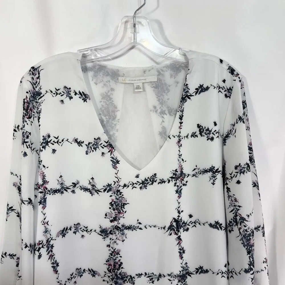 Lauren Conrad Sz XXL Top White Chiffon Layered Lace Back Floral Long Sleeve 1380 - Image 3