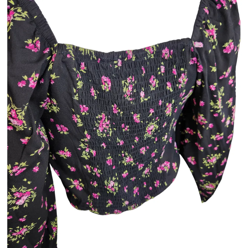 Vero Moda Womens Medium VMANNA Long Sleeve Crop Top Black Pink Floral Smock NWT - Image 11