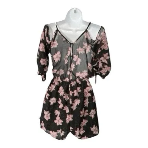 Women Black Semi Sheer Chiffon Romper Size XS Floral Print Cold-Shoulder V-Neck - Image 3