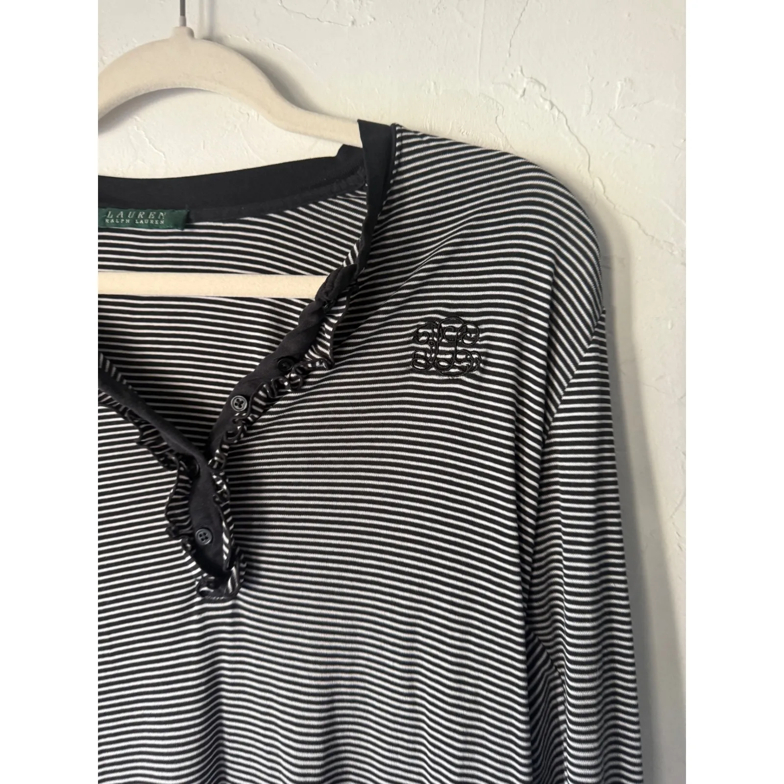 Lauren Ralph Lauren Striped‎ Henley Nightgown Dress Button Ruffle Trim Preppy M - Image 3