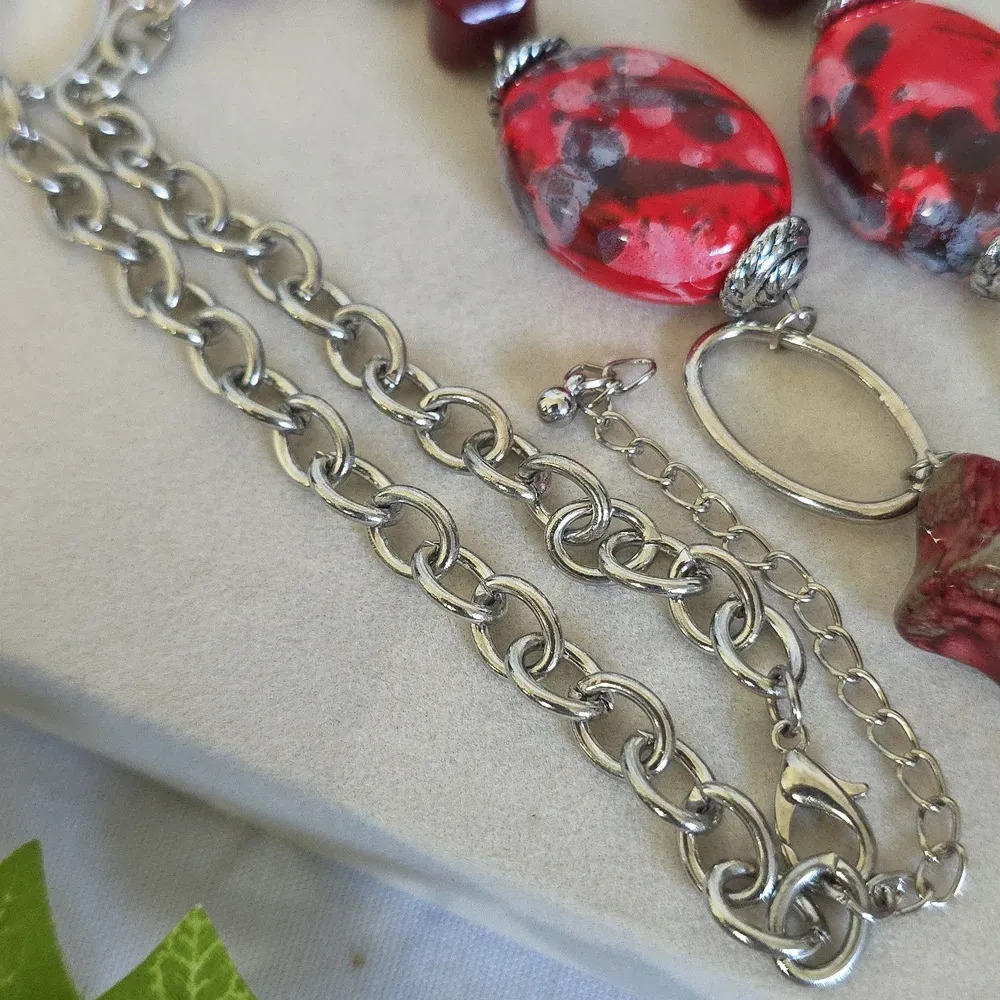 Silver with Red Art Glass and Acrylic Beads Long Necklace - Image 6