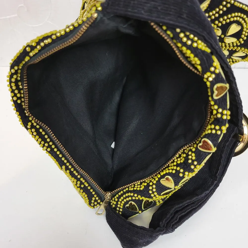 Vintage Retro Womens Bag Black Gold Beaded Studded Corduroy Purse Hong Kong - Image 7
